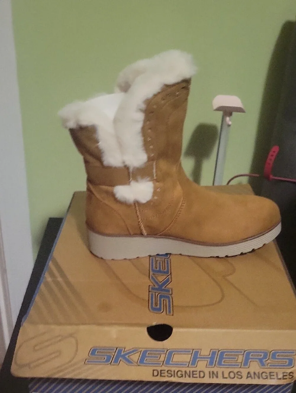 Skechers Girl’s Tan Faux-Fur Winter Boots - Cozy Slip-On Ankle Booties- Size 2